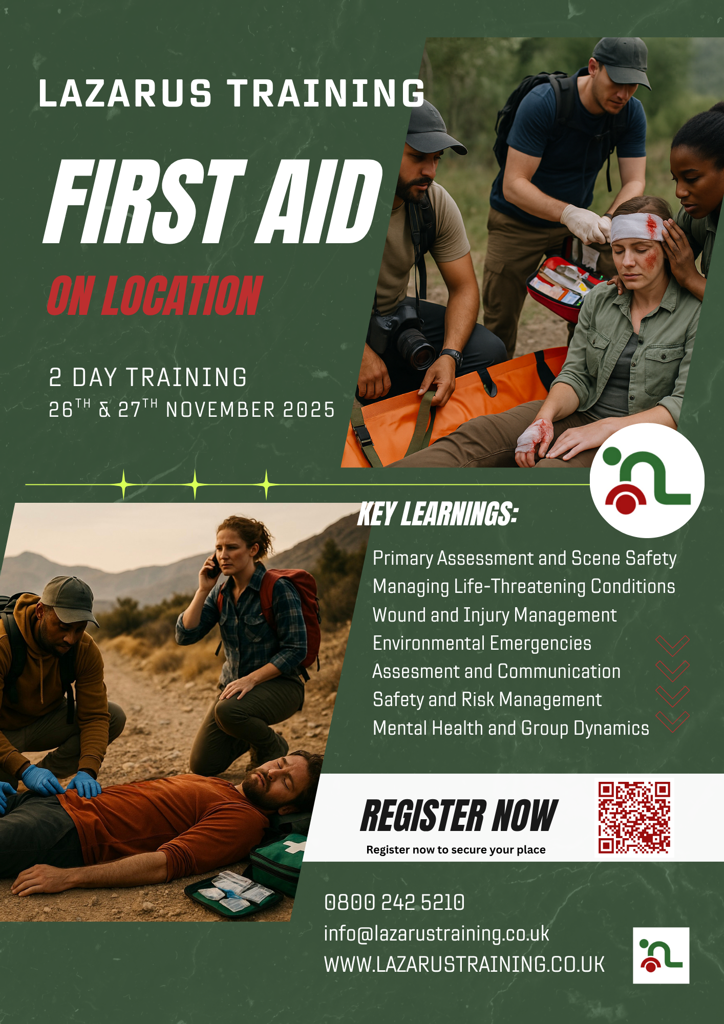 Flyer announing new First Aid Remote Location an First Aid on Location training dates.  Ideal for the media industry to ensure safety of your team while filming in limited or no medical support. 