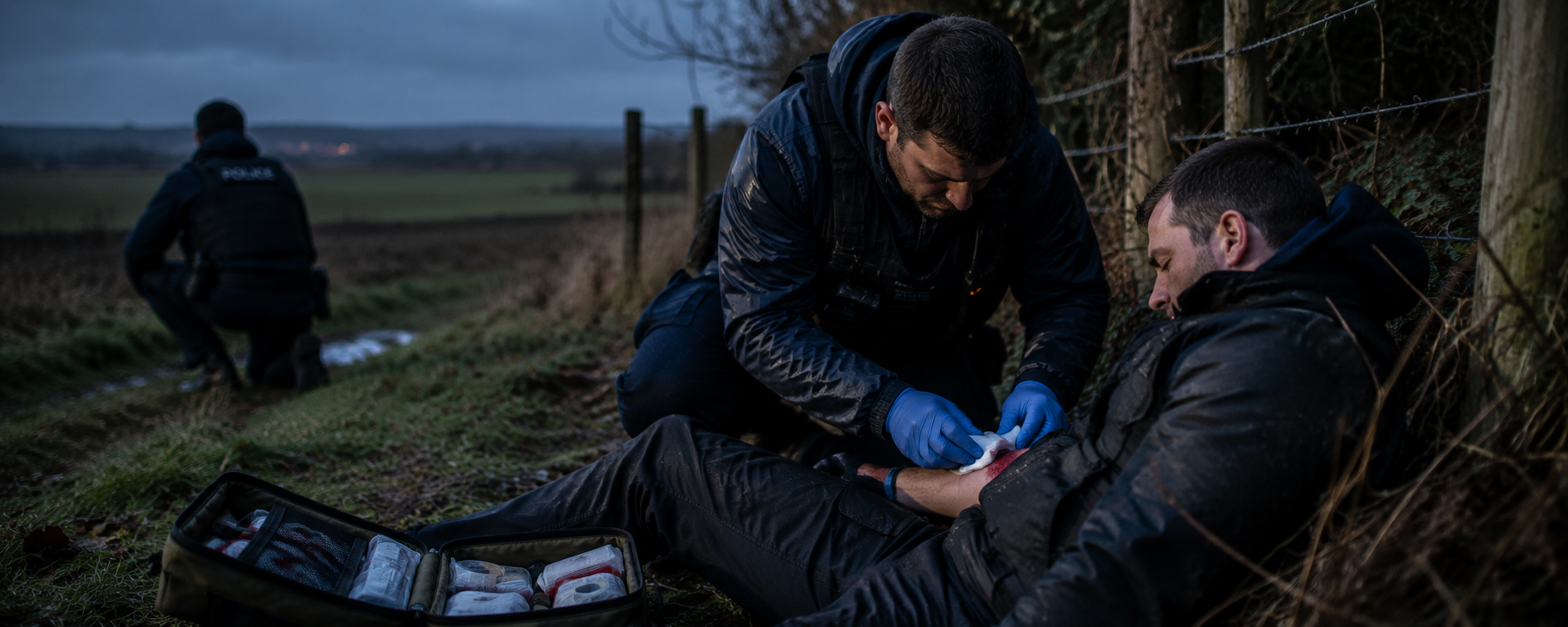 AI generated image of a person giving first aid to another person in a remote setting.