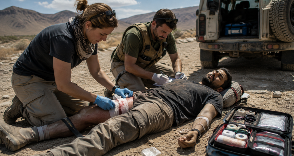 AI generated image showing first aid being done in a remote setting.