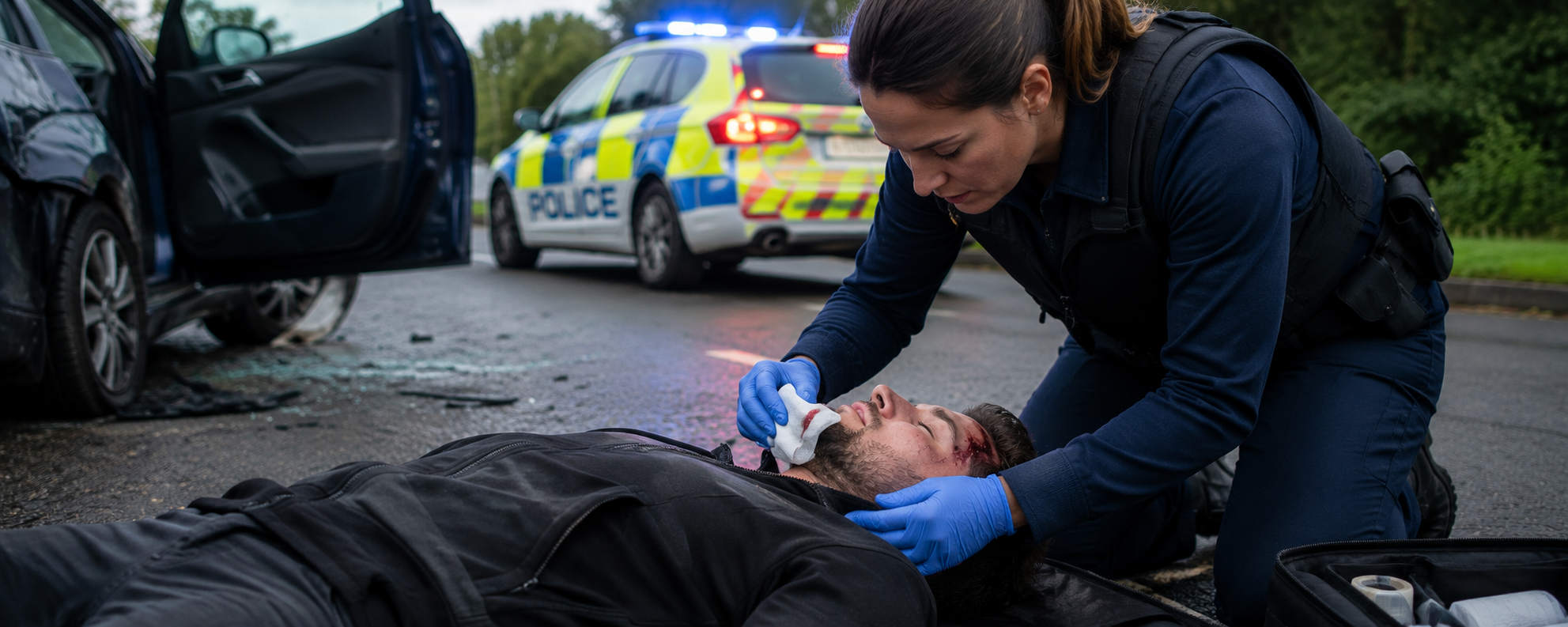 An AI generated image of a police officer giving first aid at the scene of a car accident
