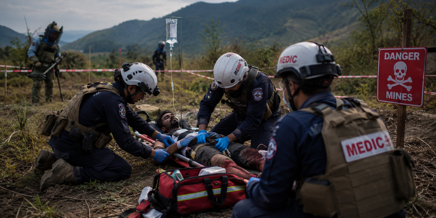 AI generated image, of a medical team providing care to an injured person in the safely cleared part of a minefield